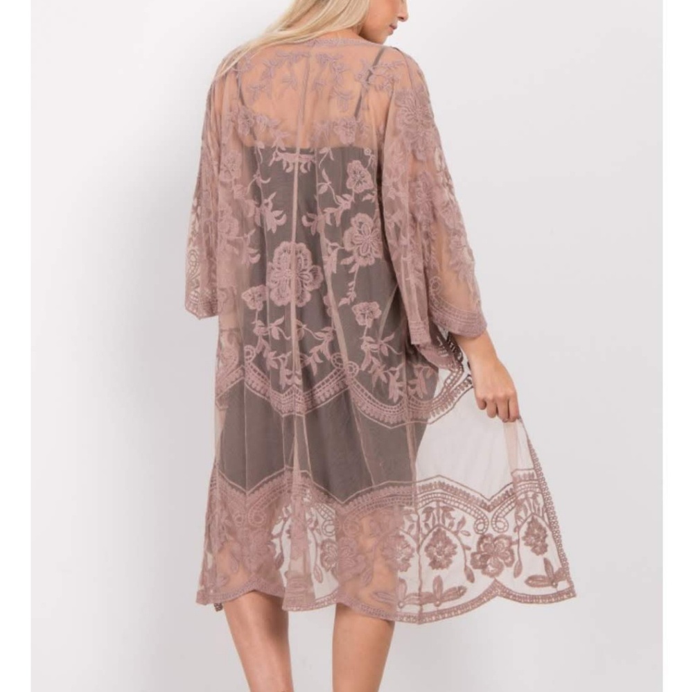 Dusty rose pink lace kimono coverup shrug duster